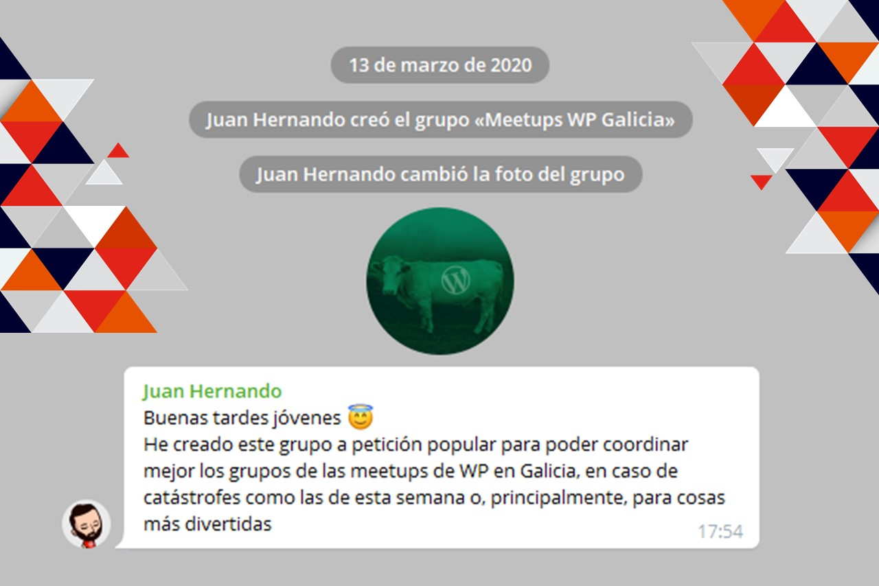 Captura de pantalla con el aviso de Juan Hernando creando el grupo de Telegram para coordinar las meetups