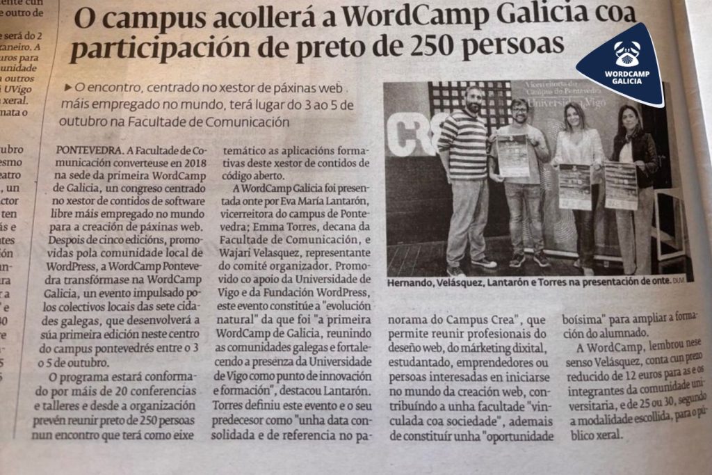 WordCamp Galicia portada del Diario de Pontevedra